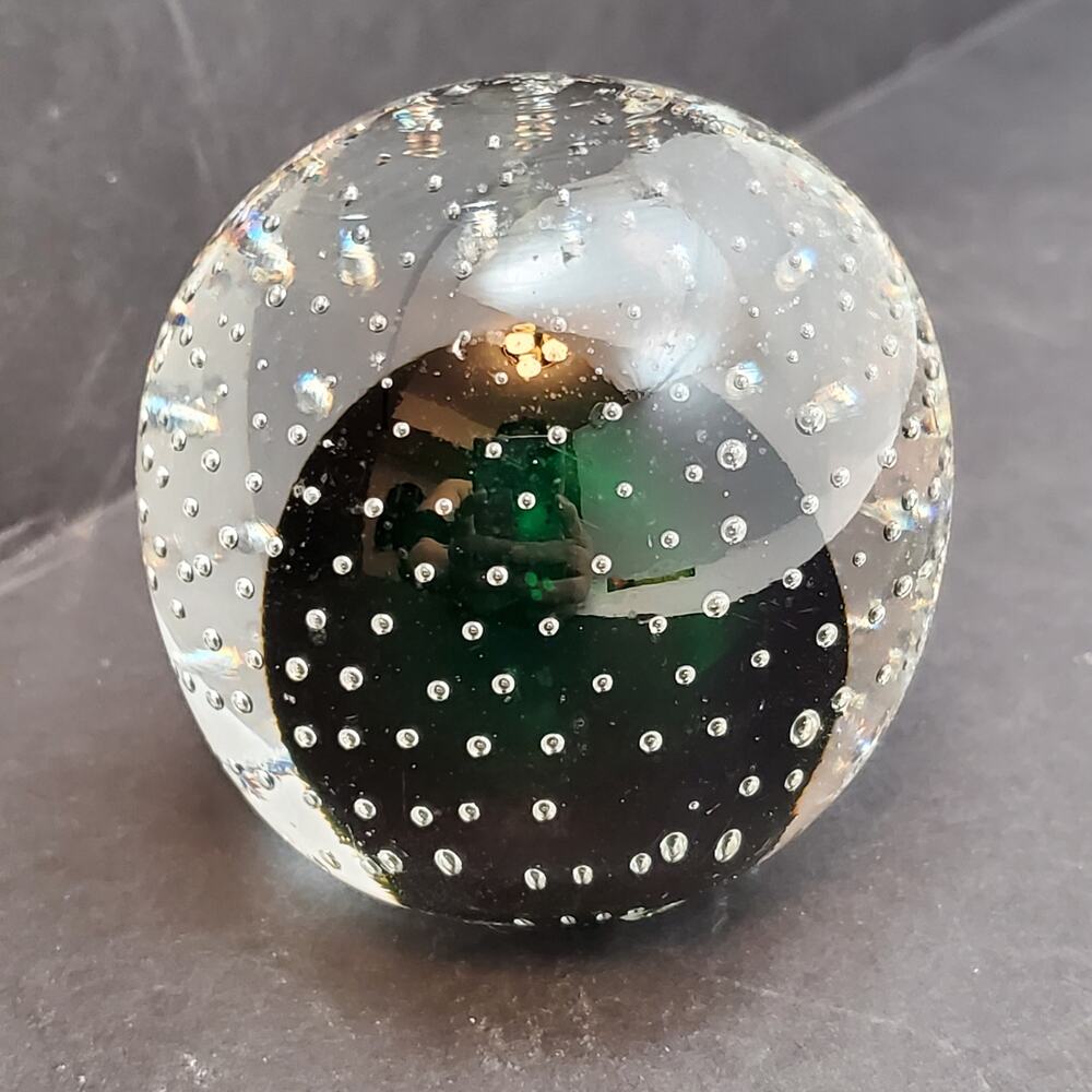 Vintage Control Bubbles Round Pacific Japan Paperweight Clear Green 2.75"